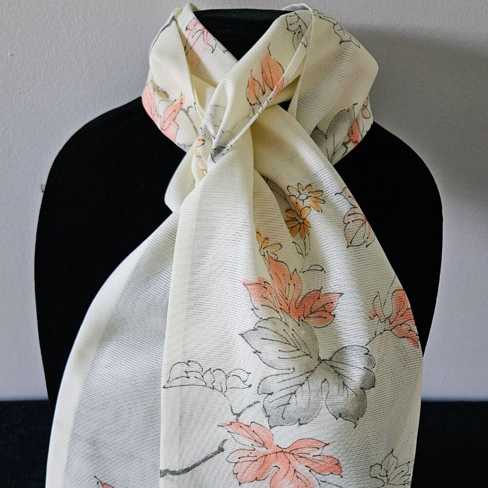 Japanese Kimono Scarf S3145 - Sheer Ivory and Peach Maple Leaf Poly